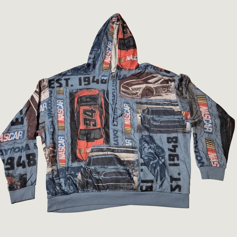 NASCAR Hoodie 3XL Racing Graphic Daytona 500 All Over Print Blue Pullover Modern